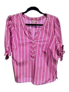 Talbots Pink White Striped Spit Neck Popover Blouse Tie Sleeves Size Large